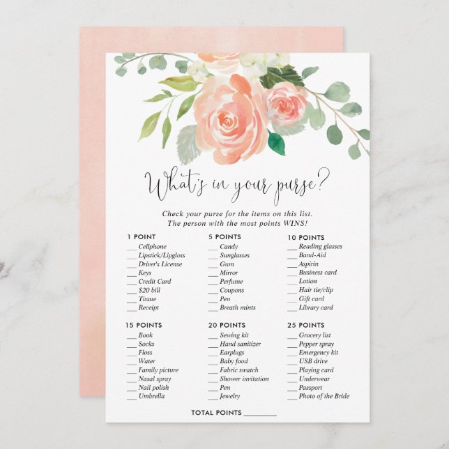What's in your purse bridal shower game peach invitation (Front/Back)