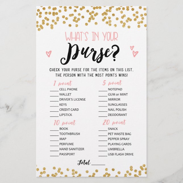 Whats in your purse Bridal Shower, Hen Party game (Front)