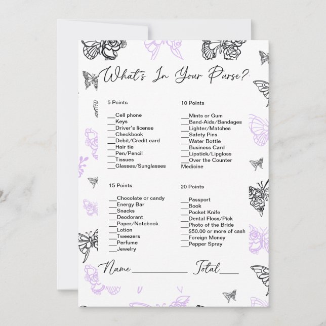 What's In Your Purse Butterfly Bridal Shower Invitation (Front)