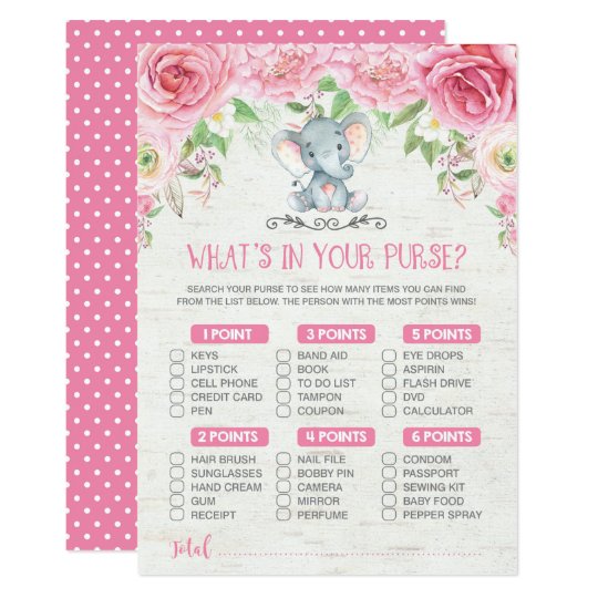 What S In Your Purse Elephant Baby Shower Game Invitation What S In Your Purse Elephant Baby Shower Game Invitation