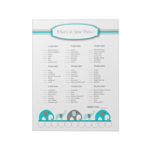 What's in your purse Elephant Baby Shower Game Notepad (Rotated)