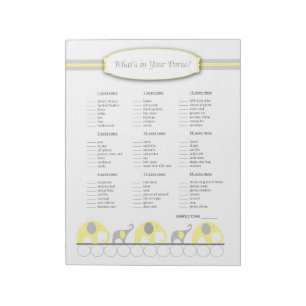 What's in your purse Elephant Baby Shower Game Notepad