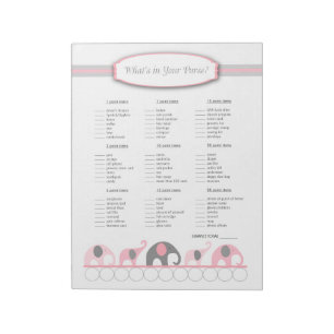 What's in your purse Elephant Baby Shower Game Notepad