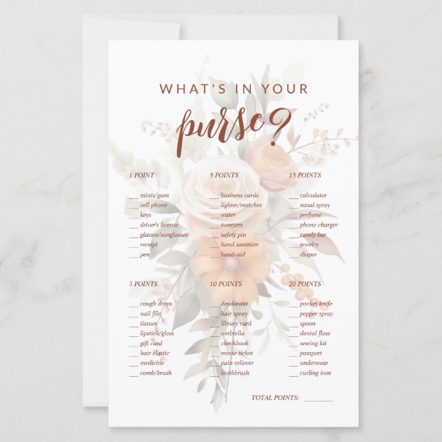 What's In Your Purse? Floral Bridal Shower Game (Front)