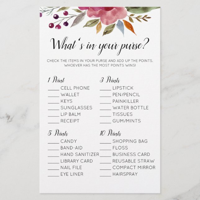What's In Your Purse Floral Bridal Shower Game (Front)