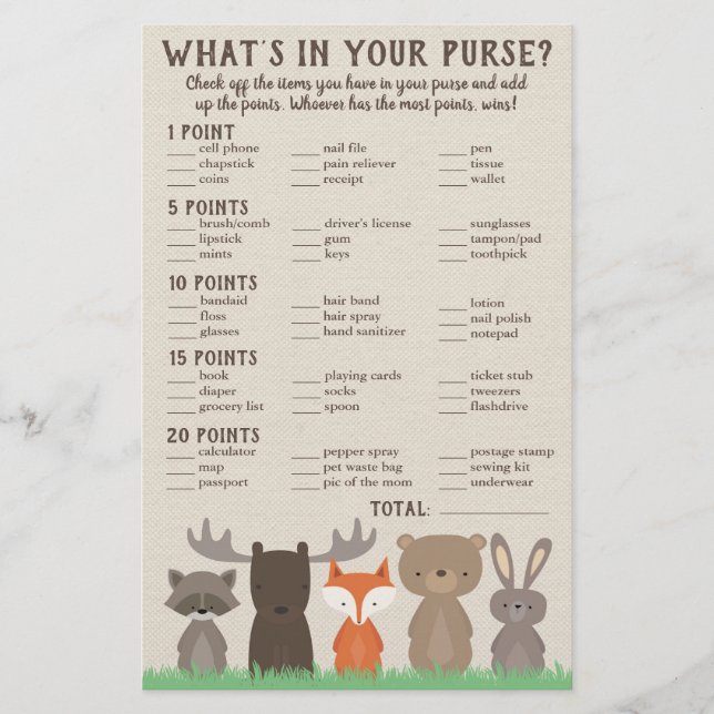 What's in Your Purse Game for Woodland Baby Shower Flyer (Front)