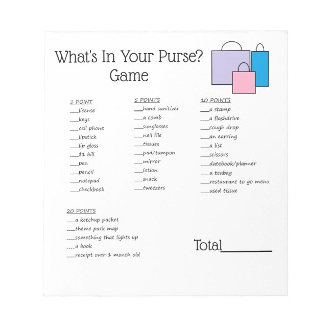 "What's In Your Purse" Game Notepad (Front)