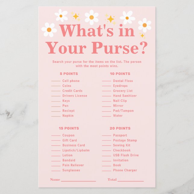 Whats in your purse game Pink Daisy baby shower  (Front)
