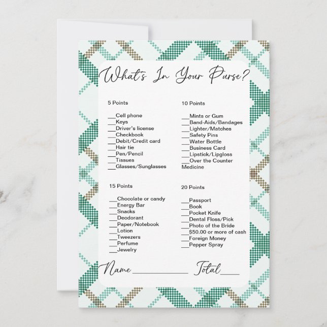 What's In Your Purse Green Plaid Bridal Shower Invitation (Front)