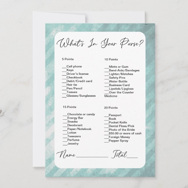 What's In Your Purse Green Stripes Bridal Shower Invitation (Front)