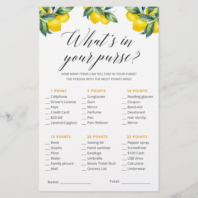 Whats In Your Purse Lemon Bridal Shower Theme Game (Front)