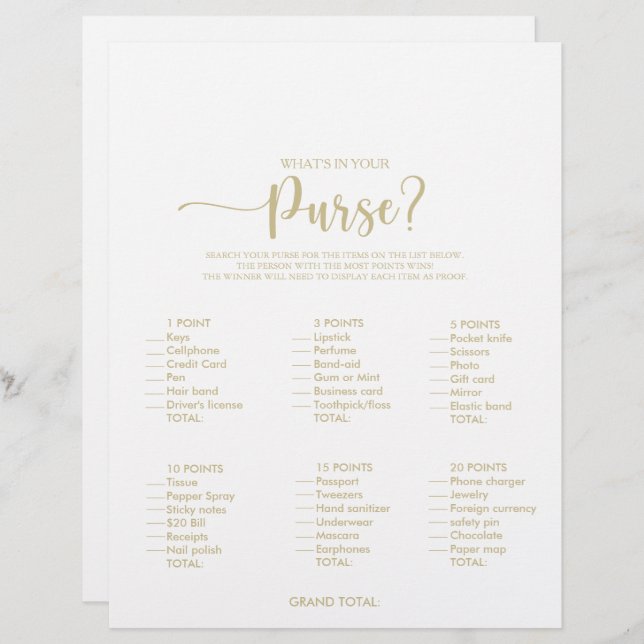 What's in your Purse Minimalist Bridal Shower Game (Front/Back)
