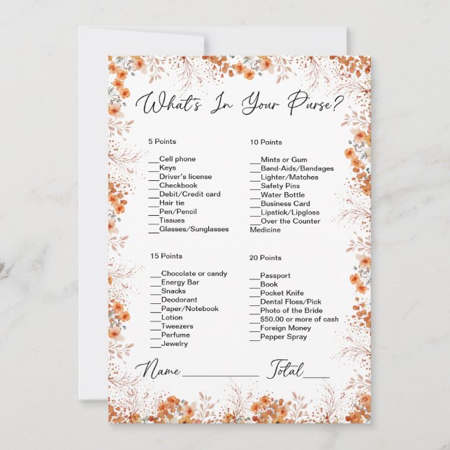 What's In Your Purse Orange Floral Bridal Shower Invitation (Front)