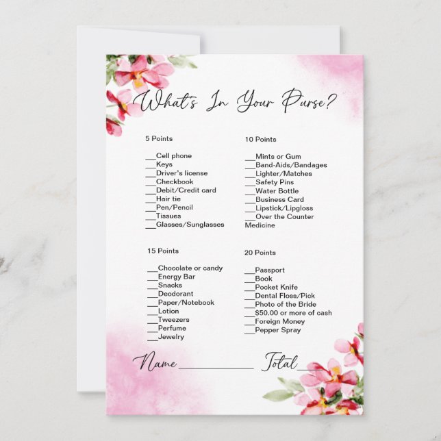 What's In Your Purse Pink Floral Bridal Shower Invitation (Front)