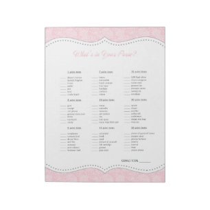 What's in your purse Pink Grey Damask shower game Notepad