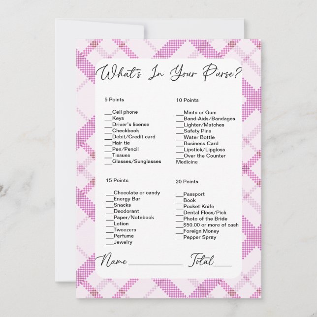 What's In Your Purse Pink Plaid Bridal Shower Invitation (Front)