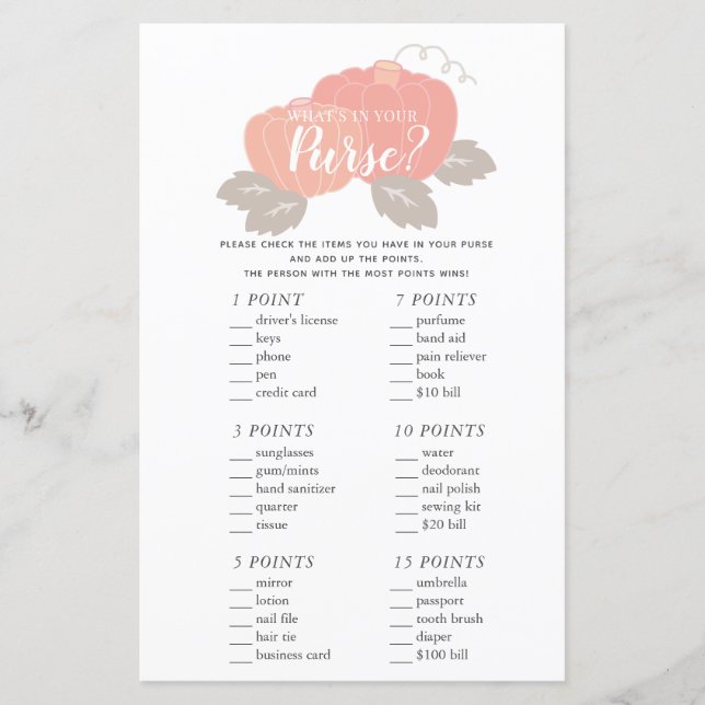 What's in Your Purse Pink Pumpkin Baby Shower Game (Front)