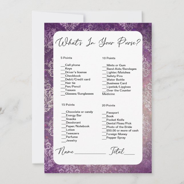 What's In Your Purse Purple Damask Bridal Shower Invitation (Front)