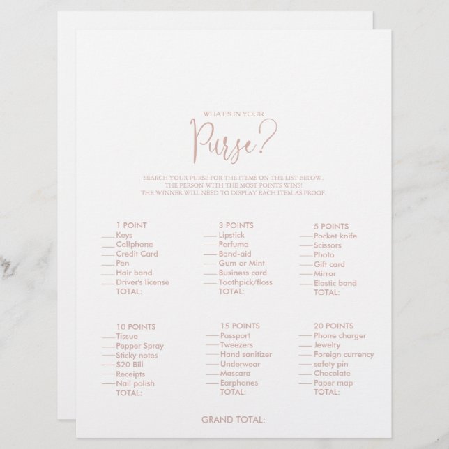 What's in your Purse Rose Gold Bridal Shower Game (Front/Back)