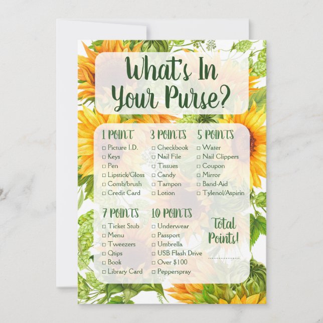 What's In Your Purse Shower Game Sunflowers Yellow Invitation (Front)