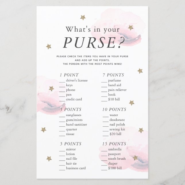 What's in Your Purse Star Pink Baby Shower Game (Front)