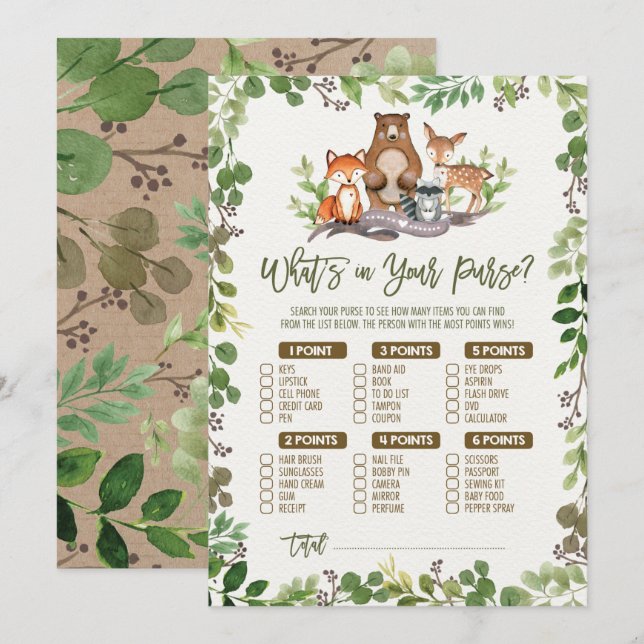 Whats in Your Purse Woodland Baby Shower Game Card (Front/Back)