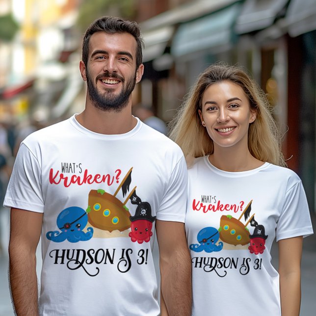 "What's Kraken" Octopus Pirate Parent's Birthday T-Shirt ("What's kraken?" Parent's pirate octopus themed birthday shirts)