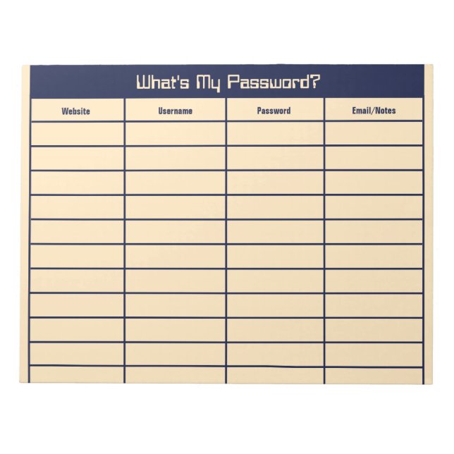 What's My Password Dark Blue and Bisque Template Notepad (Front)