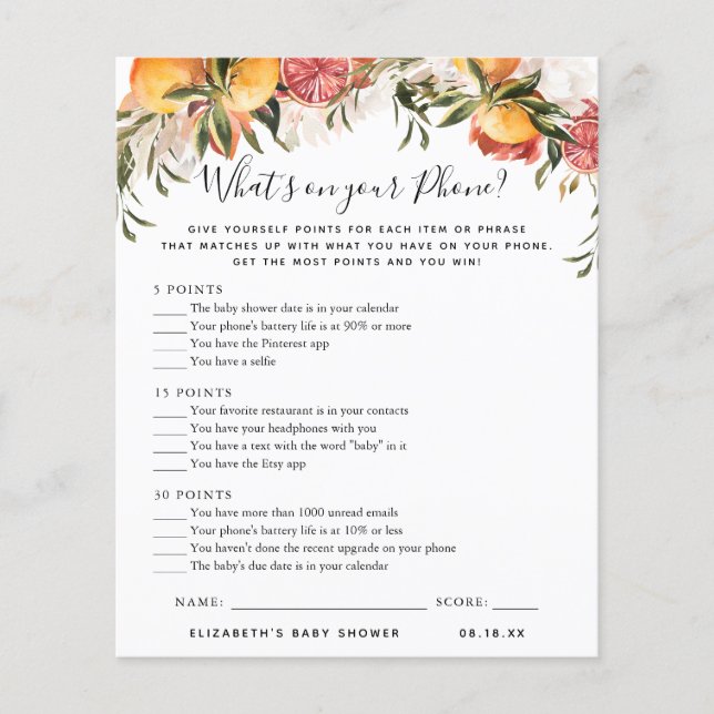 What's On Your Phone | Baby Shower Game (Front)