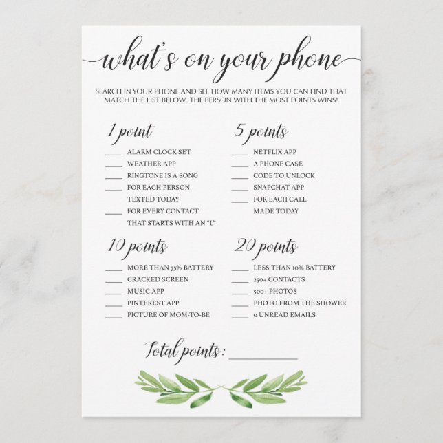 What's On Your Phone Baby Shower Game Green Leaves (Front)
