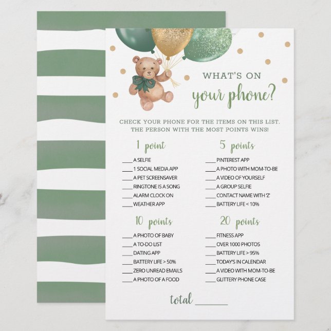 What's On Your Phone Baby Shower Game Teddy Bear (Front/Back)