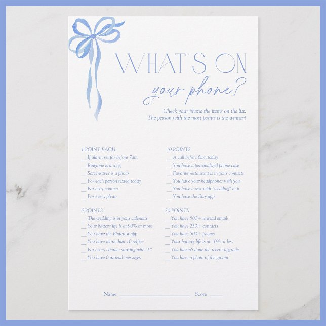 What's On Your Phone Blue Bow Bridal Shower Game (Creator Uploaded)