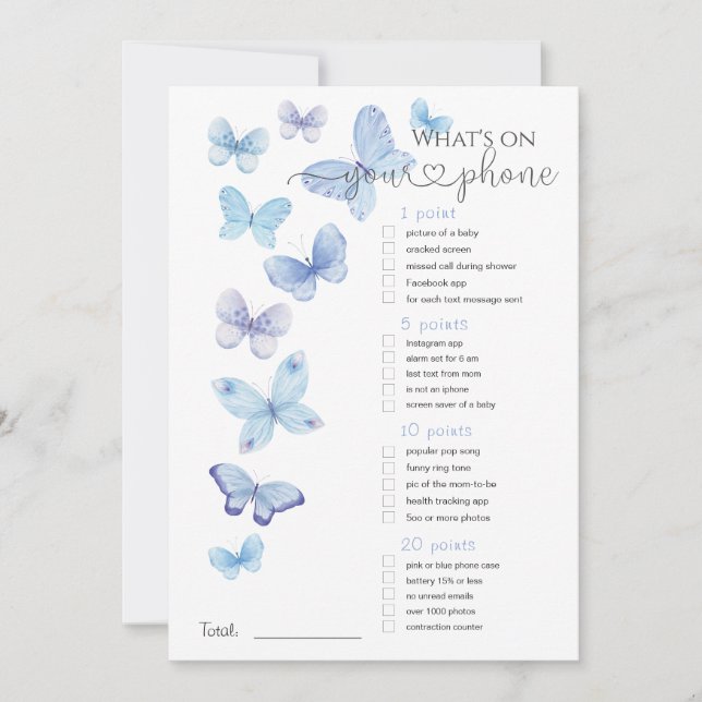 What's on Your Phone Blue Butterflies Game Invitation (Front)