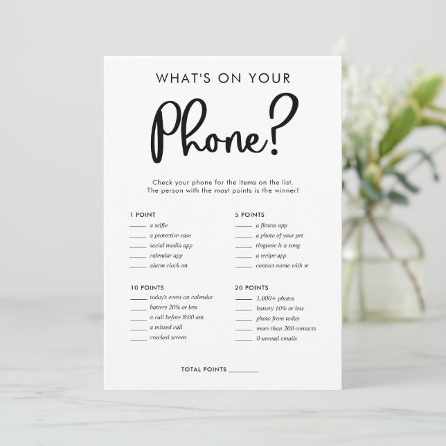What's on your phone bridal baby shower game invitation (Standing Front)
