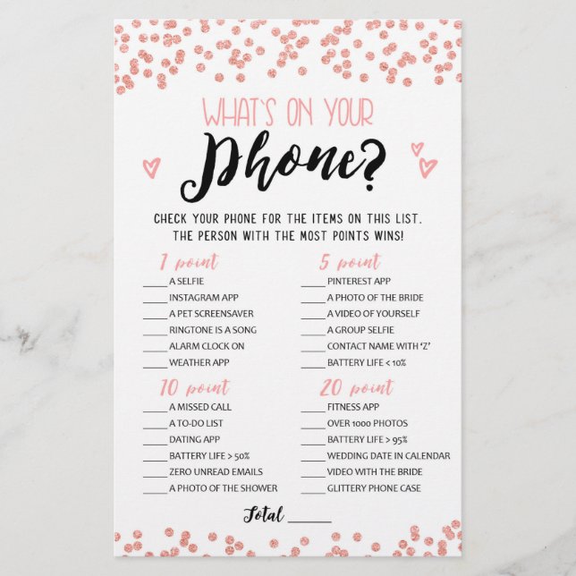 What's on your phone Bridal Shower, Hen Party game (Front)