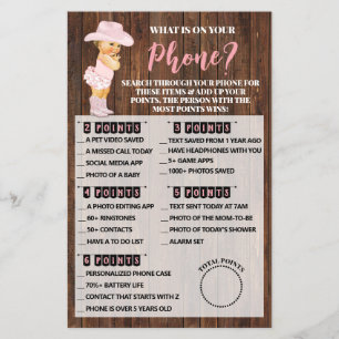 Whats on your Phone Cowgirl Baby Shower Game Card
