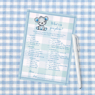 Whats On Your Phone Cute Grey Bear Boy Shower Game Invitation