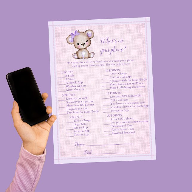 Whats On Your Phone Cute Purple Bear Game Card (Creator Uploaded)