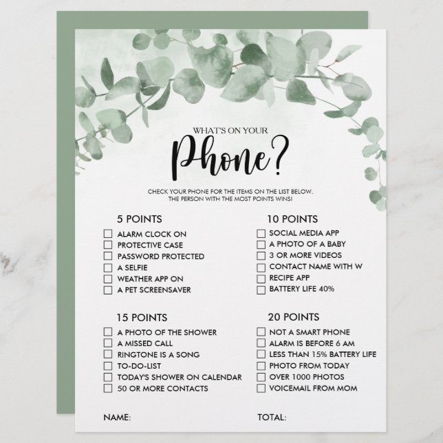What's on your Phone Eucalyptus Bridal Shower Game (Front/Back)