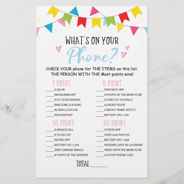 What's on your Phone? Game Baby Shower Party game (Front)