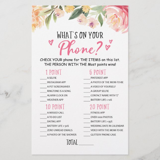 What's on your Phone? Game Baby Shower Party game (Front)