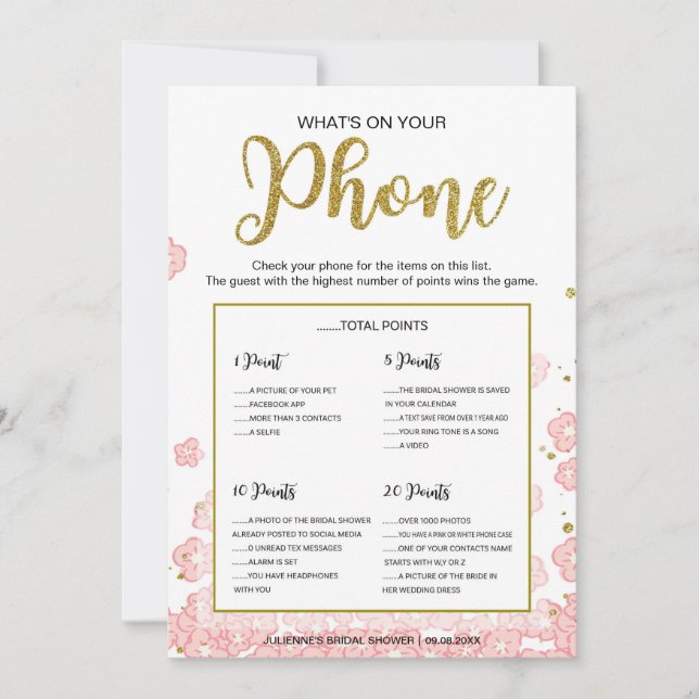 What's on Your Phone Game | Pink and Gold Glitter (Front)