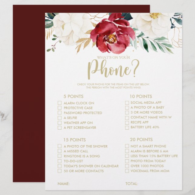 What's on your Phone Gold Bridal Shower Game (Front/Back)