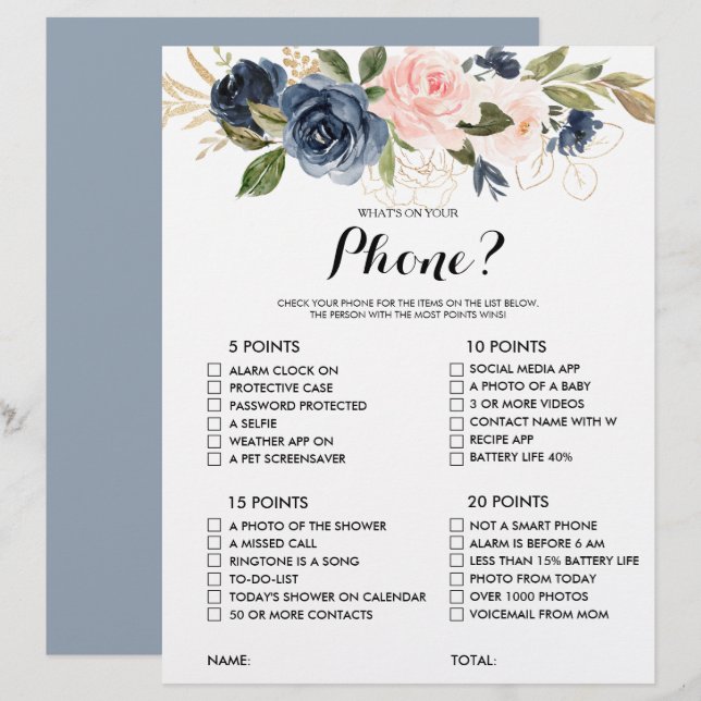 What's on your Phone Gold Navy Bridal Shower Game (Front/Back)