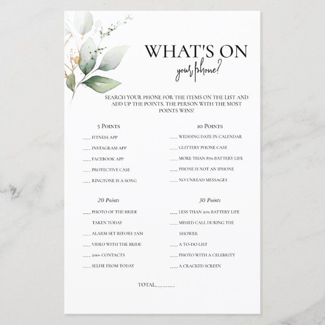 What's on your phone greenery bridal shower game (Front)