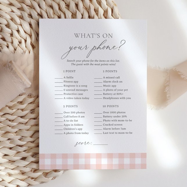 What's on Your Phone Pink Gingham Baby Shower Game Invitation (Creator Uploaded)