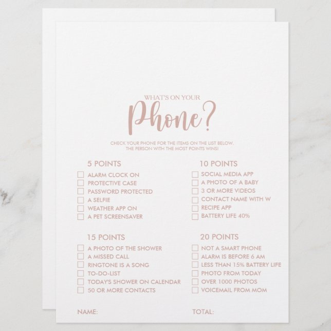 What's on your Phone Rose Gold Bridal Shower Game (Front/Back)