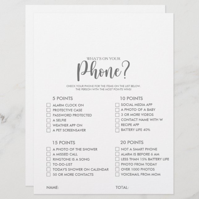 What's on your Phone Silver Bridal Shower Game (Front/Back)