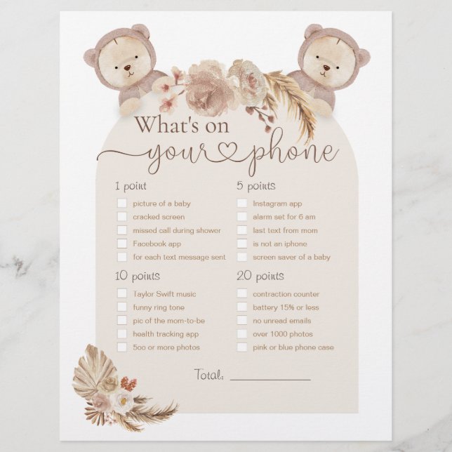 What's On Your Phone Twins Bear Baby Shower Game (Front)