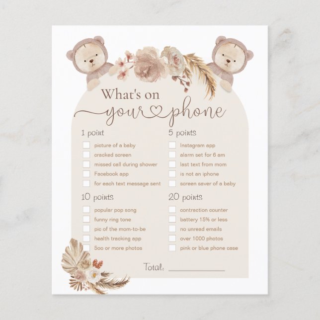 What's On Your Phone Twins Bear Baby Shower Game (Front)